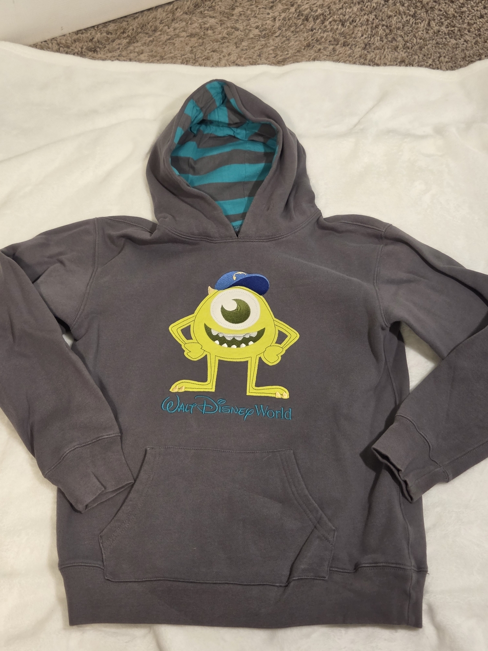 Disney Gray Hoodie with Yellow Mike Wazowski Applique and Teal Striped Lining